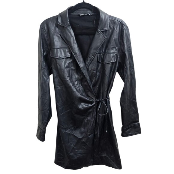 ZARA Faux Leather Wrap Mini Dress Black Long Sleeve Belted Shirt Style Dress S - Picture 5 of 12
